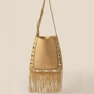 Fame Faux Suede Grommet Accent Fringe Tote Bag Tan Fringe Shoulder Bag